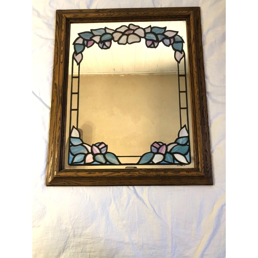 Vintage 1980 Marsel Mirror Faux Stained Glass Floral Rose Oak Wood Frame 24x20